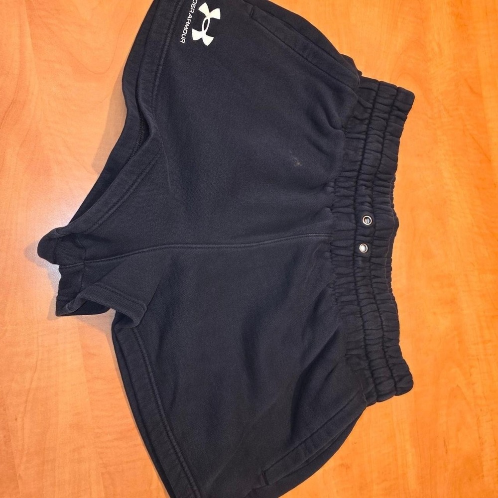 Black Under Armour women's cotton blend training shorts with a white logo.Size L